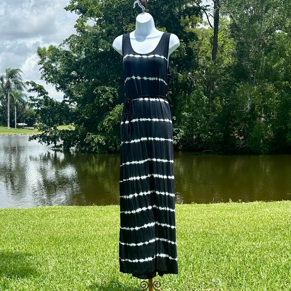 Kensie Tie Dye Navy & White Maxi Sleeveless Knit Tank Dress Rope Tie Front M